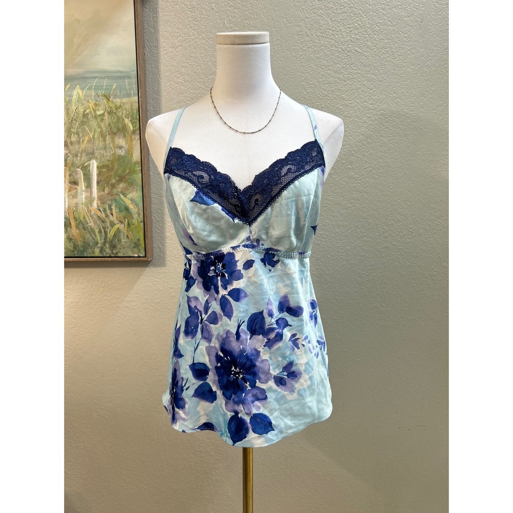 Blue Floral Satin Lace Racerback Sleep Cami Size Medium